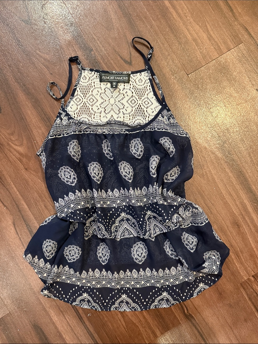 Almost Famous Navy and White Paisley Lace-Trim Camisole
